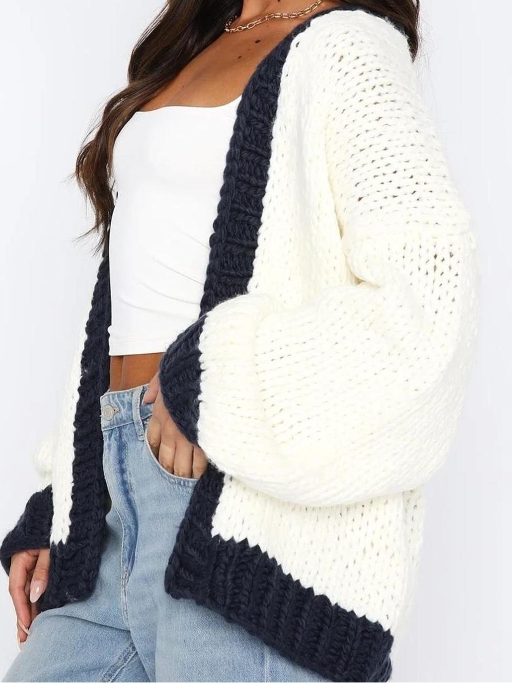 WhiteFox Chunky Open-Front Cardigan Cream Navy Trim Baggy Oversized One Size
